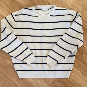 Zara Cream/ Navy cotton knitted Striped Crewneck Sweater Girls sz 13-14/EUR 164